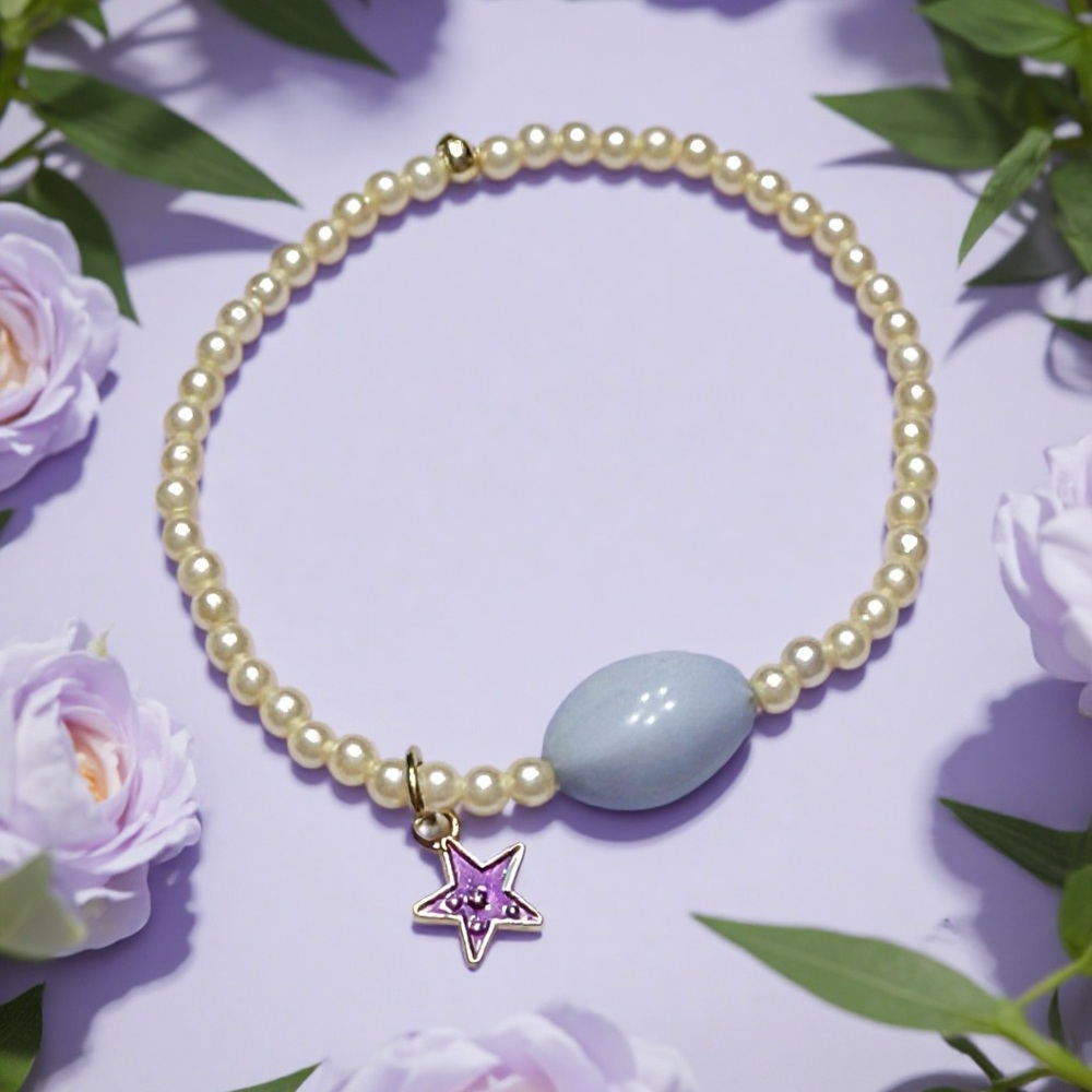 Hand Crafted Pearl Necklace with Blue Accent and Purple Star Charm